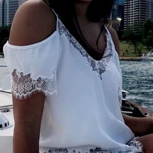 Cold shoulder white lace shirt